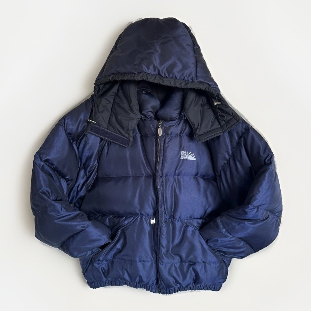 First Down Reversible Puffer Jacket Hooded Parka Y2K Puffy Coat Black/Blue Sz L